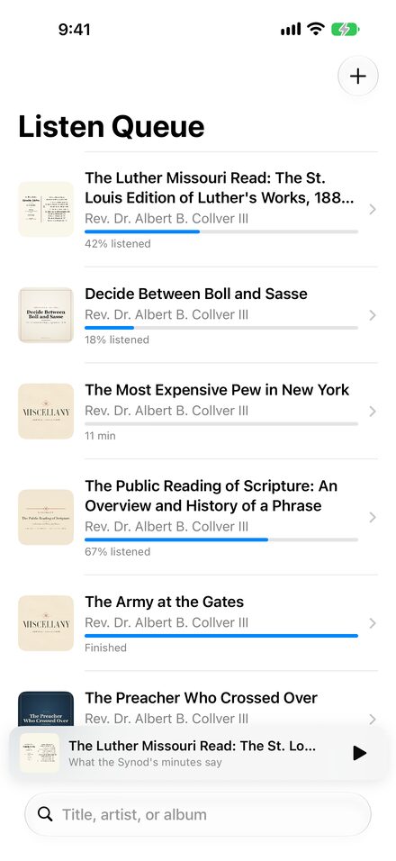 The library, with cover art, how much of each item has been heard, and the current item in the mini player.