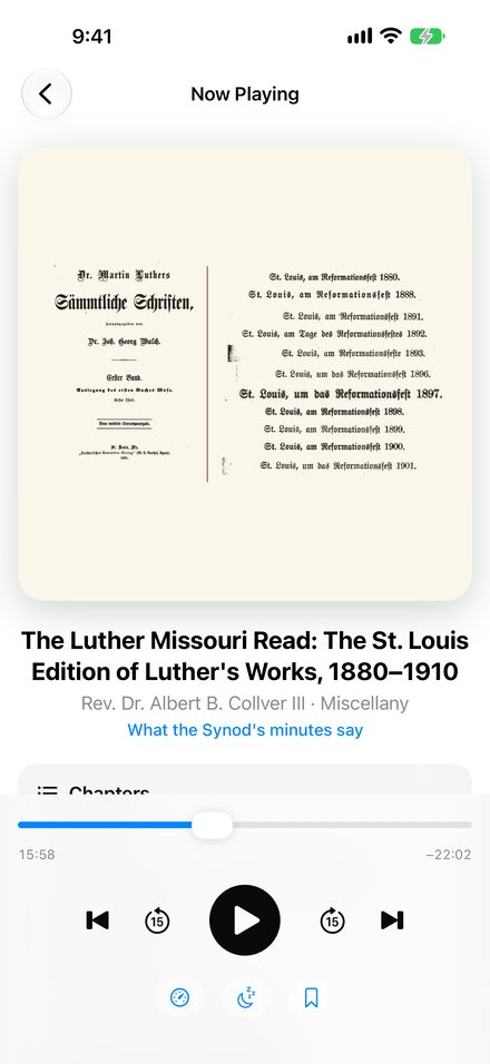 The Listen Queue player showing an essay’s cover art, the current chapter, a progress bar, and playback controls.