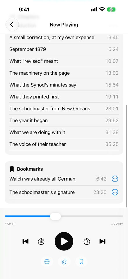 The chapter list with start times, and two bookmarks with notes.